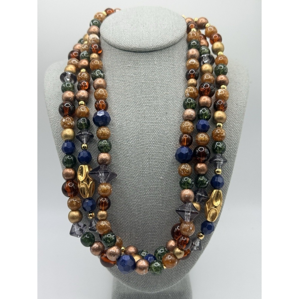 Vintage Colorful Beaded Necklace Triple Strand Gold Tone 14-17"